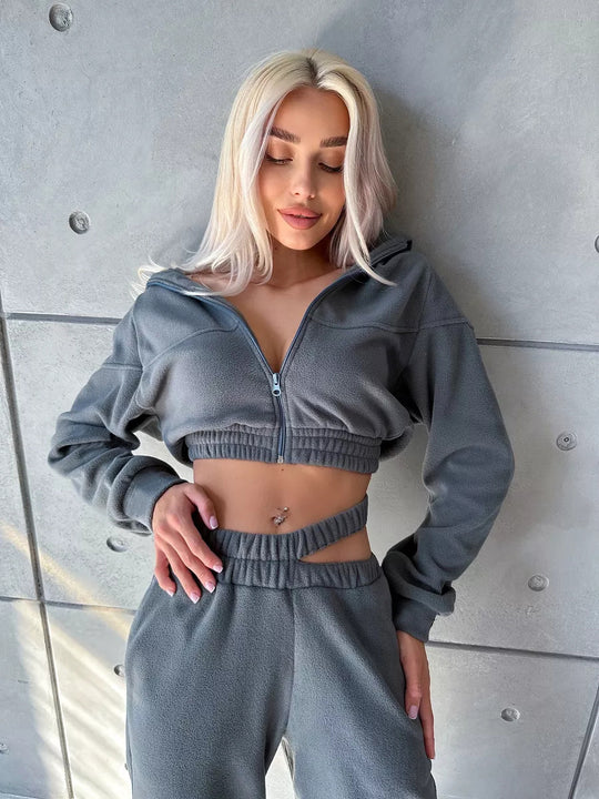 Damen Cropped Fleece-Set mit kurzem Zip-Hoodie und hoher Taillen-Jogginghose EB
