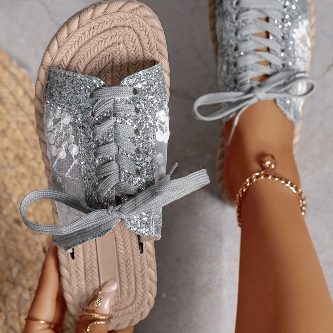 Damen Modische Zehentrenner-Pantoletten mit glitzernden Akzenten und floralen Details EB