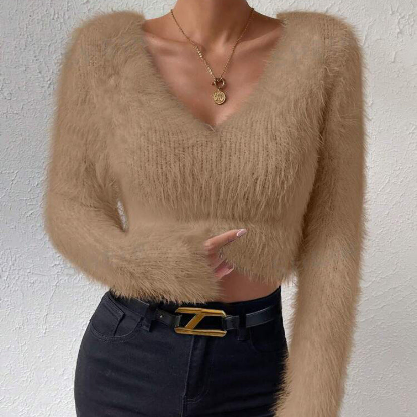 Damen Flauschiger Crop-Pullover mit V-Ausschnitt und Eyelash-Struktur EB