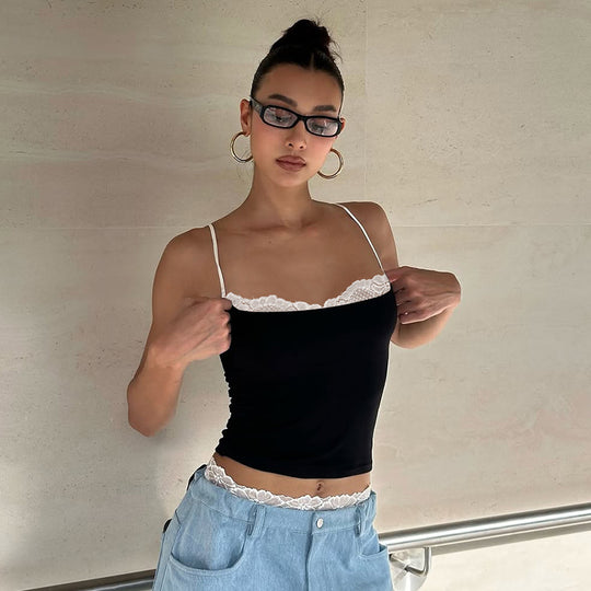 Damen Crop-Top mit zartem Spitzenrand und schmalen Trägern EB