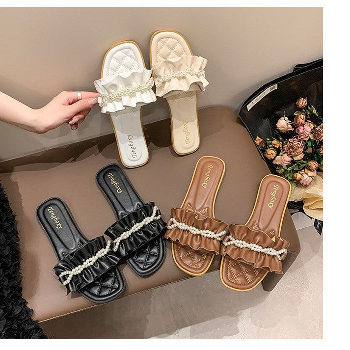 Damen elegante Pantoletten mit Rüschendetails und Perlenschmuck EB