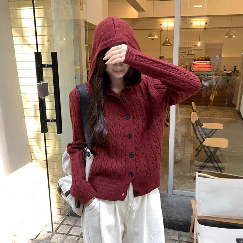 Damen Strickjacke mit Kapuze im Zopfdesign EB