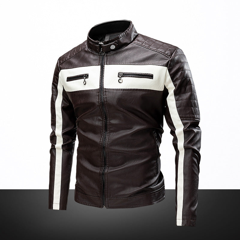 Herren Biker-Lederjacke im Retro-Rennstil mit Stehkragen und Kontraststreifen EB
