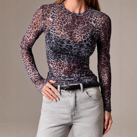 Damen nan feines Netzshirt mit Allover-Tiermuster, tailliertem Schnitt und Rundhalsausschnitt EB
