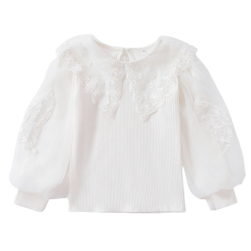 Mädchen Bluse mit luftigen Tüllärmeln und zarter Blumenbestickung EB