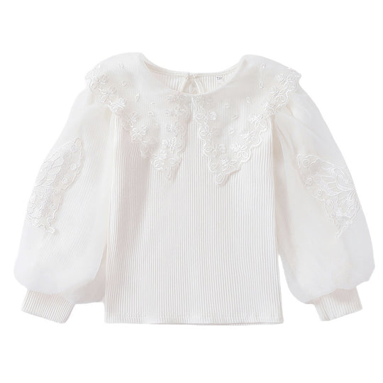 Mädchen Bluse mit luftigen Tüllärmeln und zarter Blumenbestickung EB
