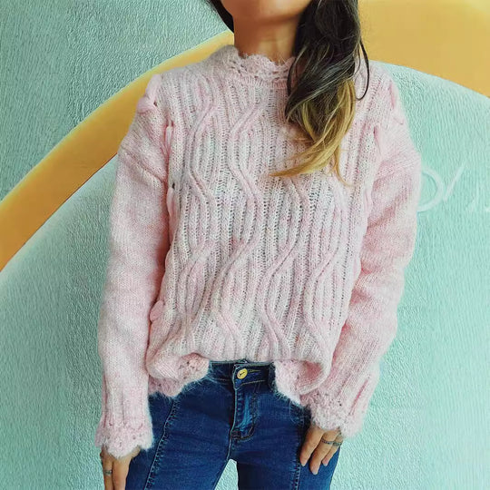 Damen Grobstrickpullover mit romantischem Wellenmuster und volumetrischen Ärmeln EB