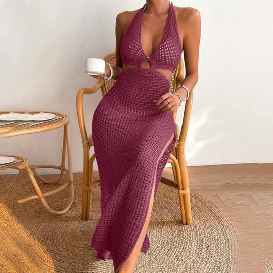 Damen elegantes Häkelkleid mit tiefem Ausschnitt EB