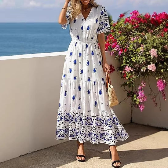 Damen Boho Maxikleid mit floralen Prints und Taillengürtel EB
