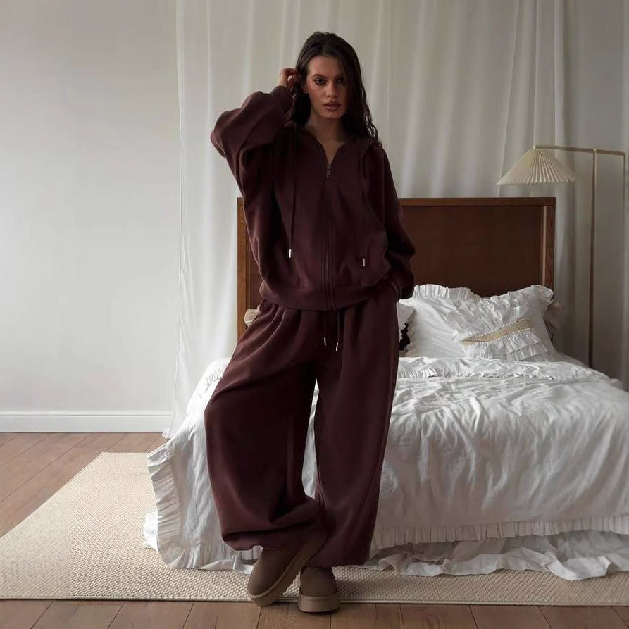 Damen nan weites Lounge-Set mit Zip-Hoodie, Kängurutasche und extraweiter Highwaist-Jogginghose EB