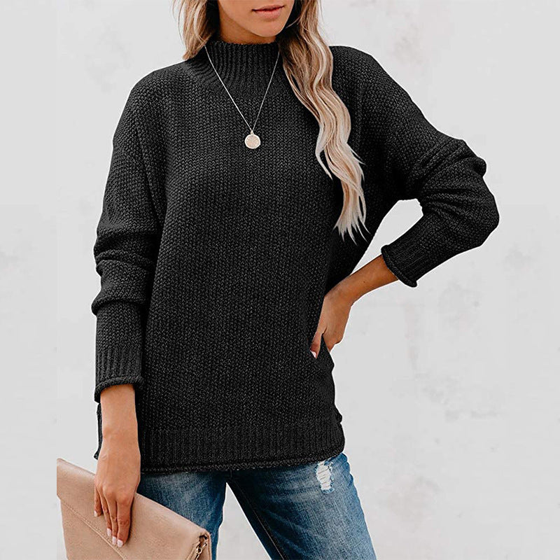 Damen Grobstrickpullover mit hohem Kragen und lässigem Schnitt EB