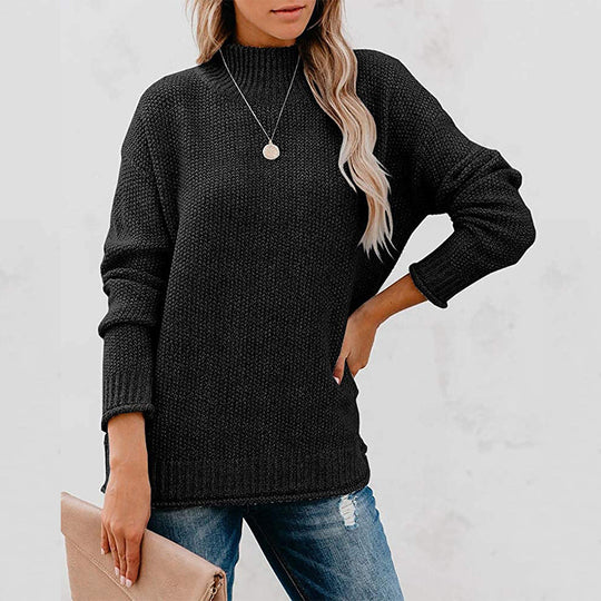 Damen Grobstrickpullover mit hohem Kragen und lässigem Schnitt EB
