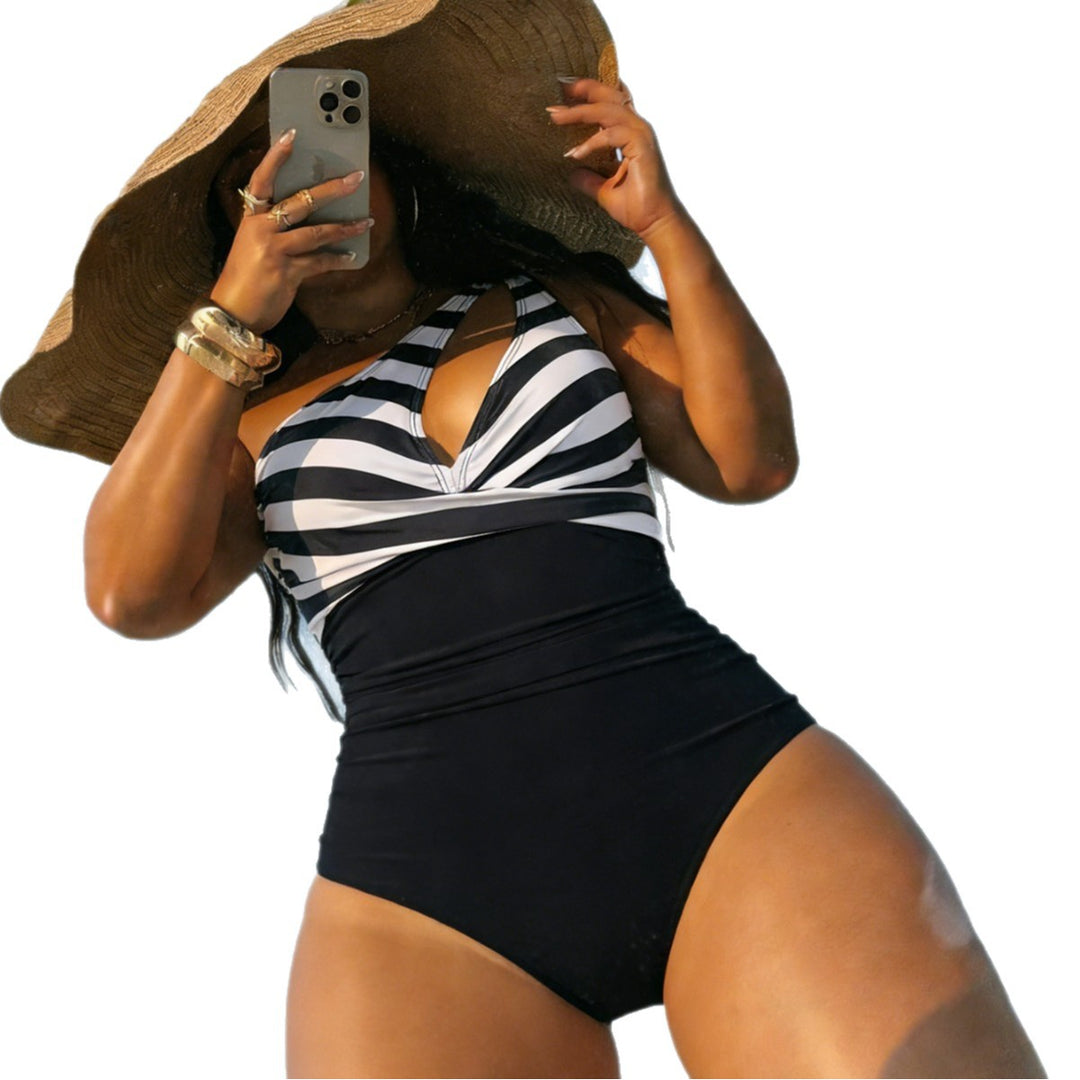 Damen Einteiliger Badeanzug mit modischem Streifenmuster und figurformendem Design EB