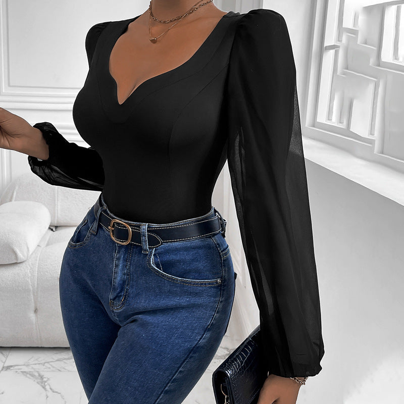 Damen Eleganter Body mit romantischen Puffärmeln und V-Ausschnitt EB