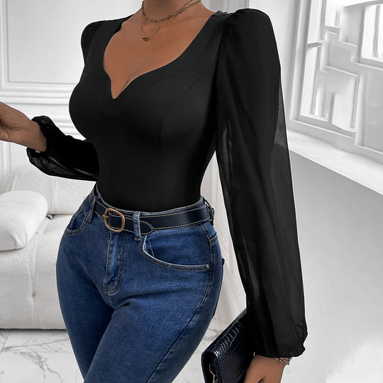 Damen Eleganter Body mit romantischen Puffärmeln und V-Ausschnitt EB