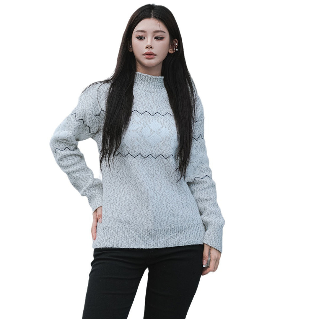 Damen kuscheliger Pullover mit hochgelegtem Kragen und winterlichem Motiv EB