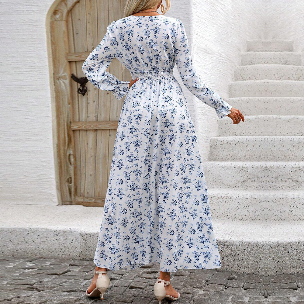 Damen fließendes Maxikleid mit Smoktaillenband V‑Ausschnitt und seitlichem Beinschlitz Eichborn Berlin