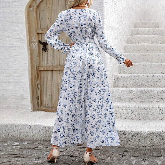 Damen fließendes Maxikleid mit Smoktaillenband V‑Ausschnitt und seitlichem Beinschlitz Eichborn Berlin