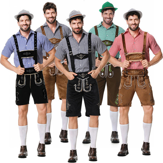 Herren nan traditionelle Trachtenlederhose mit bestickten Hosenträgern, kariertem Trachtenhemd und Filzhut EB