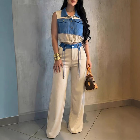 Damen Modischer Overall mit Denim-Design und Stylish-Bund EB
