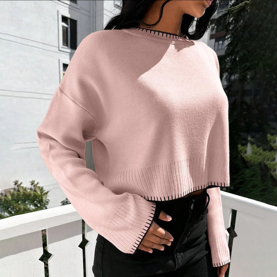Damen lässiger Cropped Pullover mit feiner Rippstruktur und elastischem Bund EB