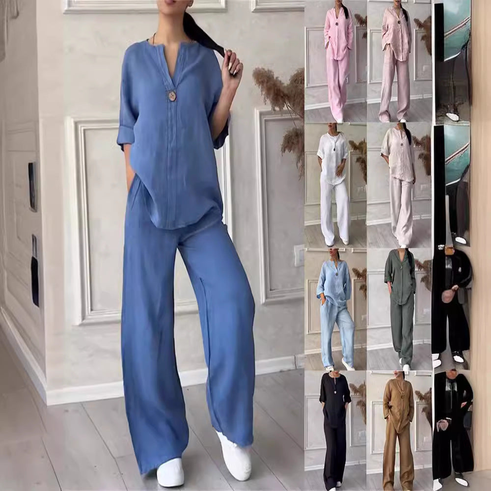 Damen nan lässiges Leinen-Relax-Set mit weiter Hose und Hemdbluse EB