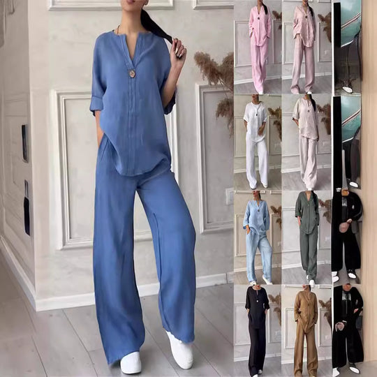 Damen nan lässiges Leinen-Relax-Set mit weiter Hose und Hemdbluse EB