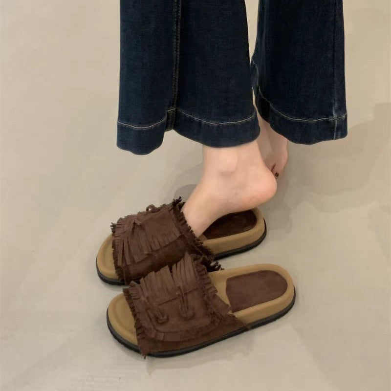 Damen Bequeme Slipper mit fransigem Design und weichem Fußbett EB