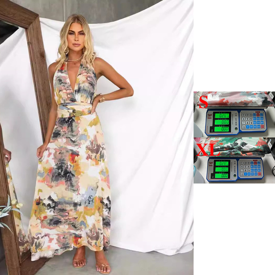 Damen Maxikleid mit tiefem V-Ausschnitt und elegantem Bindegürtel EB