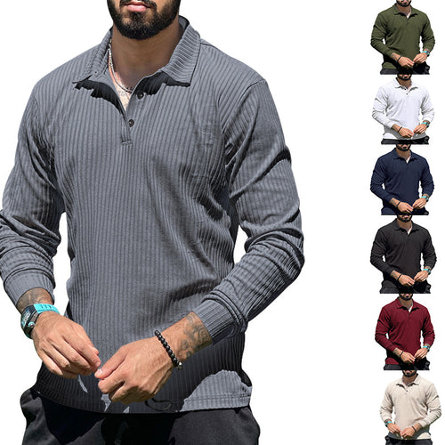 Herren nan geripptes Langarm-Poloshirt mit Henley-Knopfleiste und elastischem Baumwollstretch EB