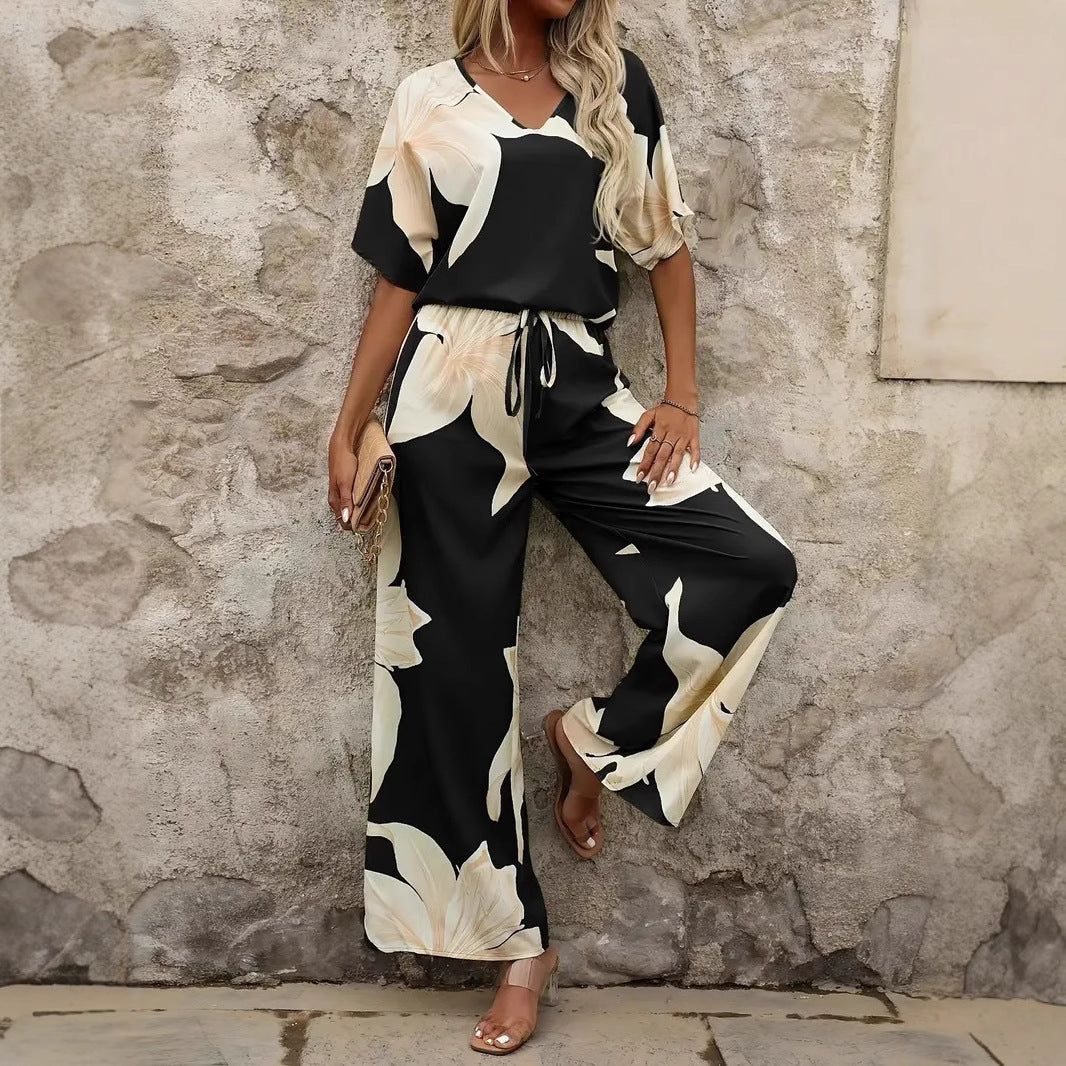 Damen Eleganter Jumpsuit mit floralen Mustern und weitem Bein EB