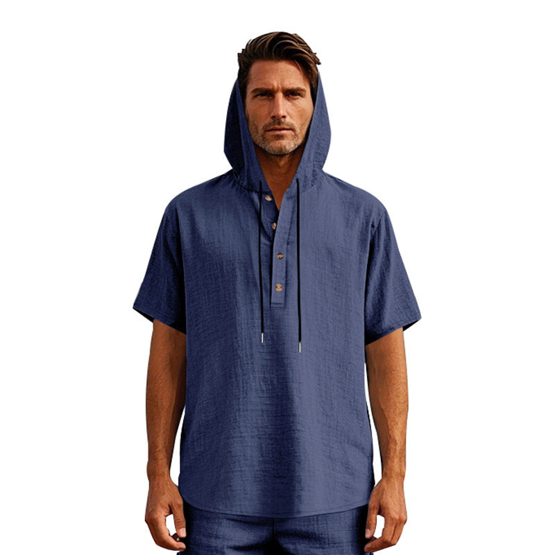 EB | Leinen-Knopf-Strand-Kapuzen-Henley-Shirt