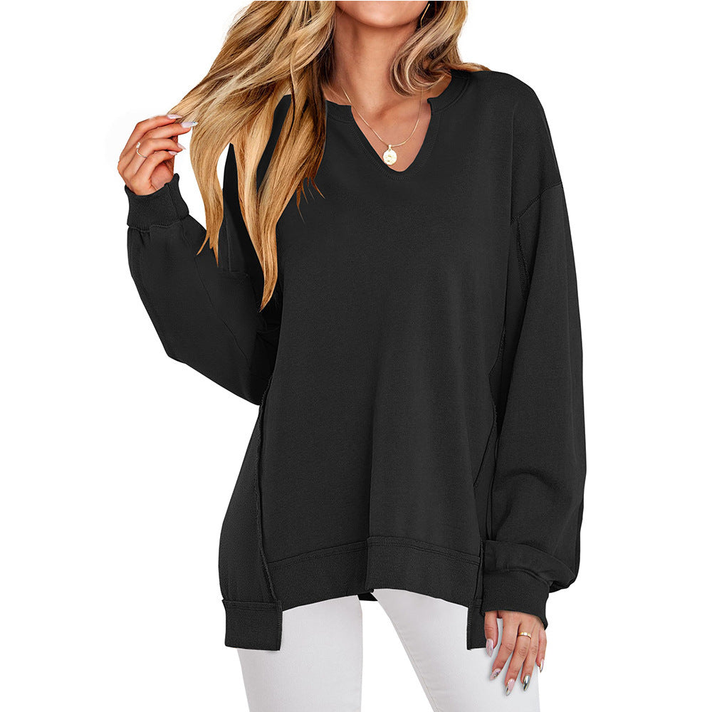 Damen Lässiger pullover mit V-Ausschnitt und überschnittenen Ärmeln EB