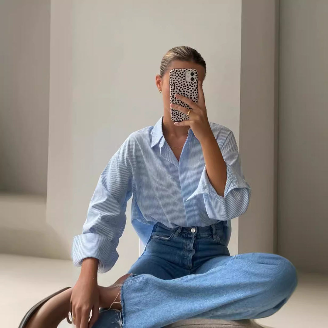 Damen Oversized Hemdbluse mit Streifenmuster und abgerundetem Saum EB