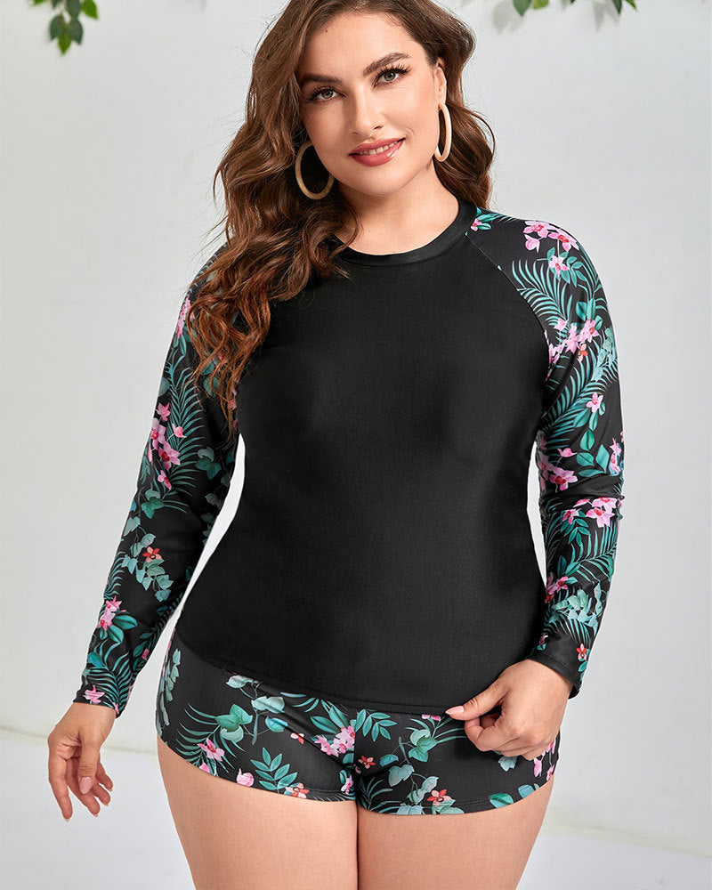 Damen Sportliche Bademode mit langen Ärmeln und floralem Design EB