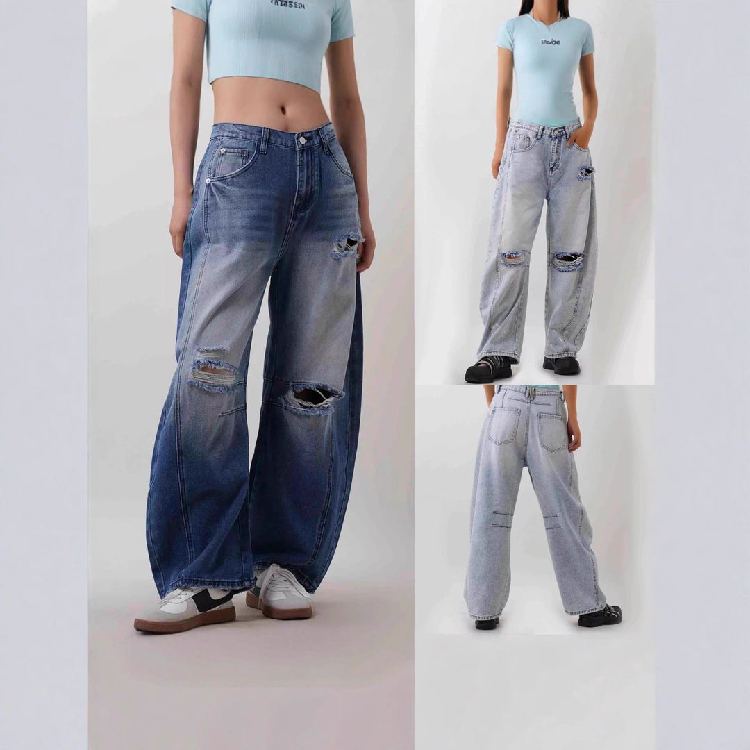 Damen nan Baggy-Jeans mit hohem Bund, sichtbaren Nahtpaneelen und distressed Kniepartien EB