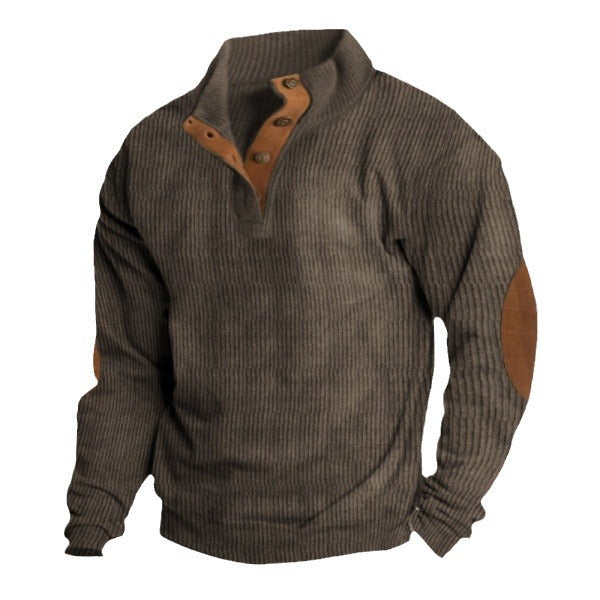 Herren nan robuster Rippstrick-Pullover mit Stehkragen, Knopfleiste und Leder-Ellenbogenpatches EB
