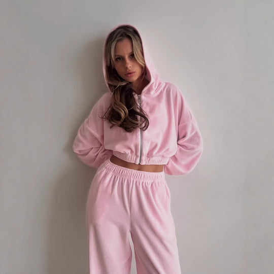 Damen nan Samt-Loungewear-Zweiteiler mit kurzem Frontzip, elastischem Komfortbund und weitem Hosenbein EB