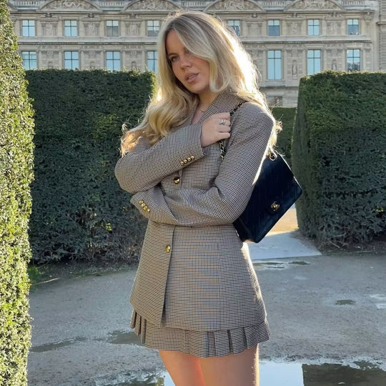 Damen nan taillierter Hahnentritt-Blazer mit Reverskragen und goldfarbenen Zierknöpfen EB