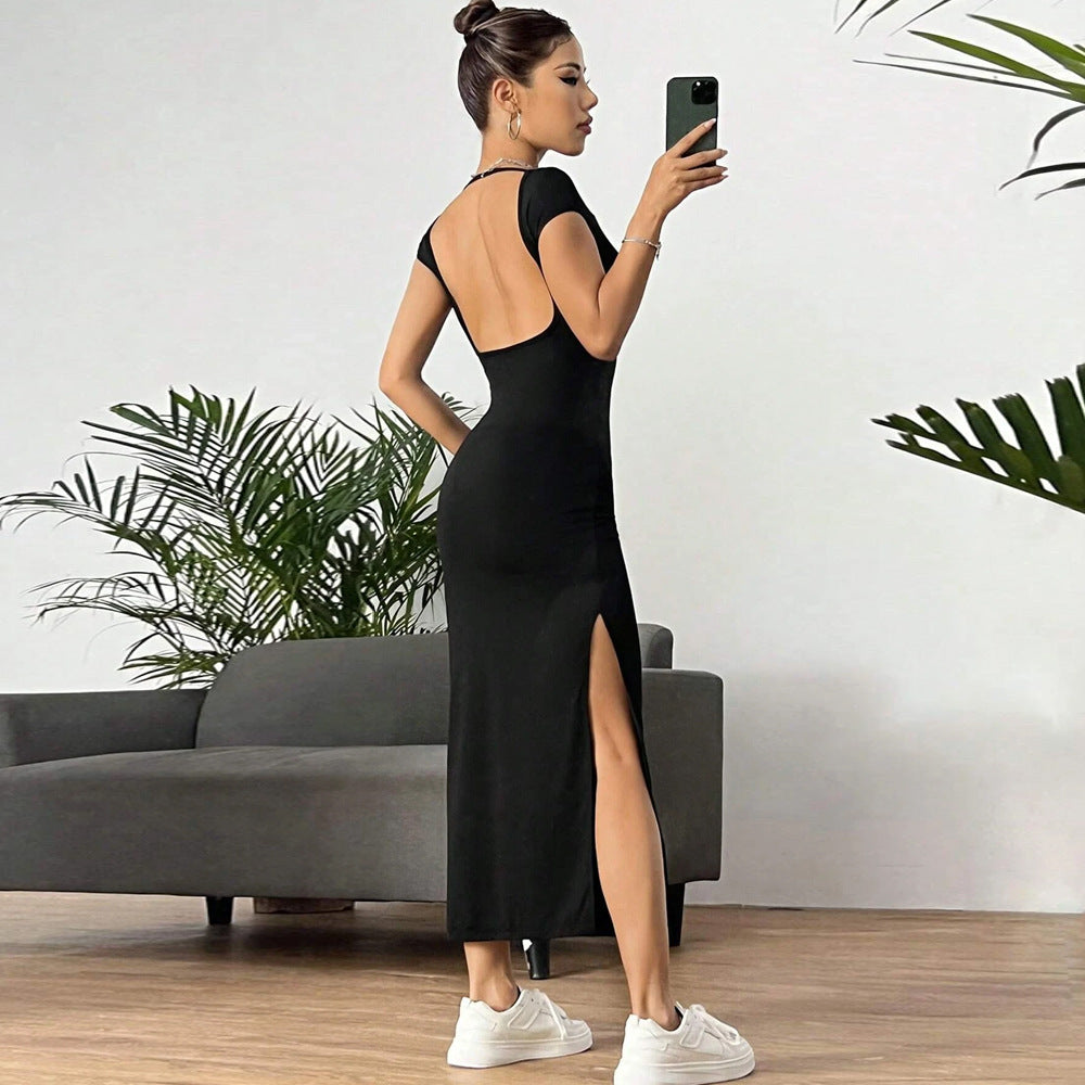 Damen figurbetontes Maxikleid mit seitlichem Schlitz und modernen Kurzärmeln EB