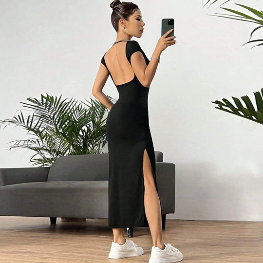 Damen figurbetontes Maxikleid mit seitlichem Schlitz und modernen Kurzärmeln EB