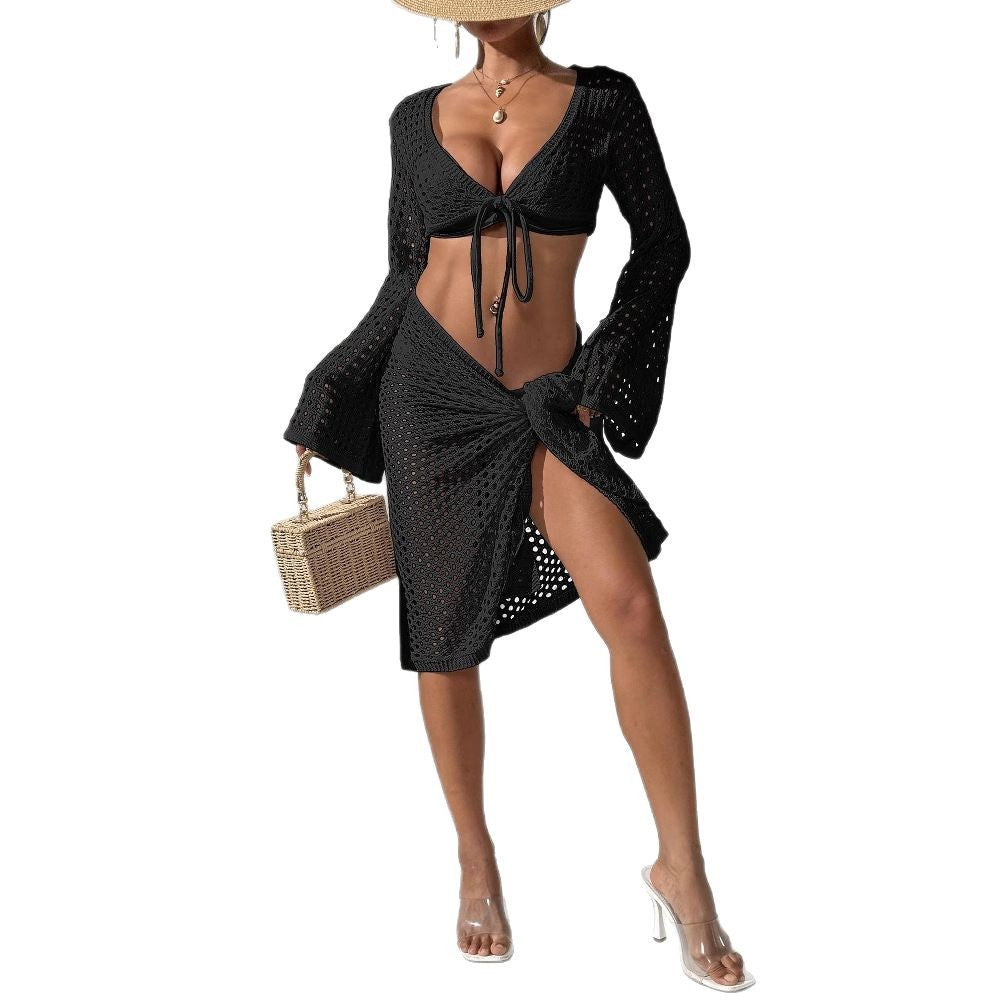 Damen gehäkelter Strandüberwurf mit eleganten Schlagärmel EB