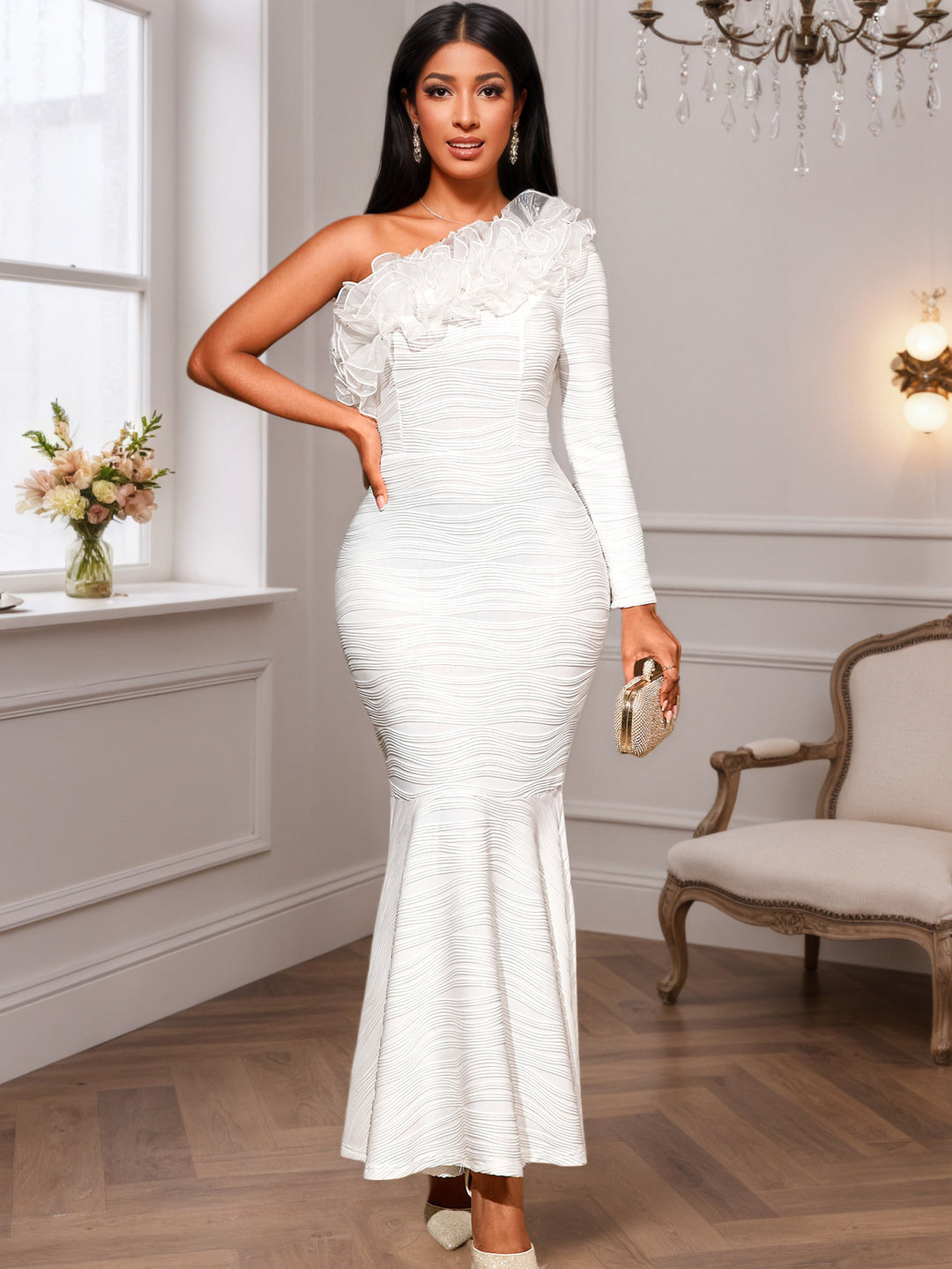 Damen figurbetontes Abendkleid mit asymmetrischem Rüschen-Ausschnitt EB
