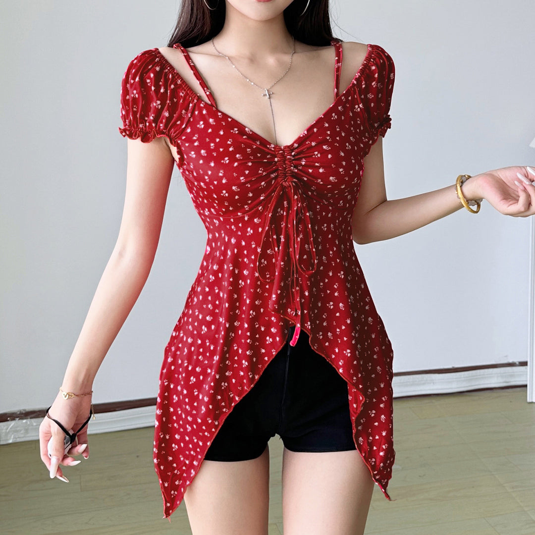 Damen Off-Shoulder-Oberteil mit süßem Blumenmuster und Raffung EB