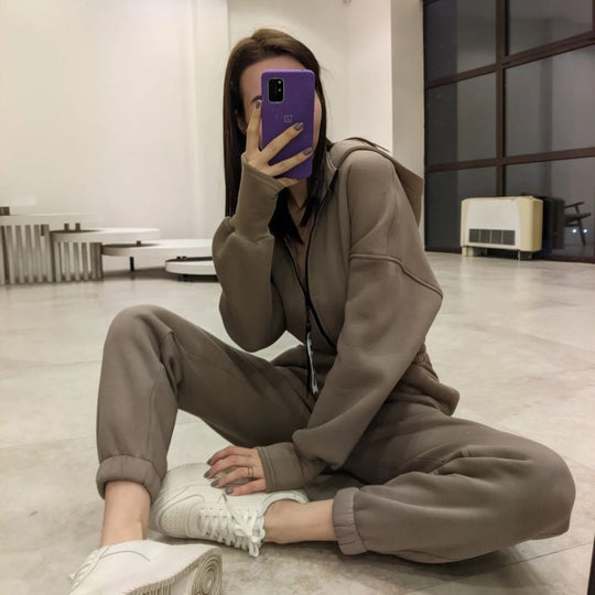 Damen nan kurzes Halbzip-Loungewear-Set mit elastischem Taillenbund und oversized Schnitt EB