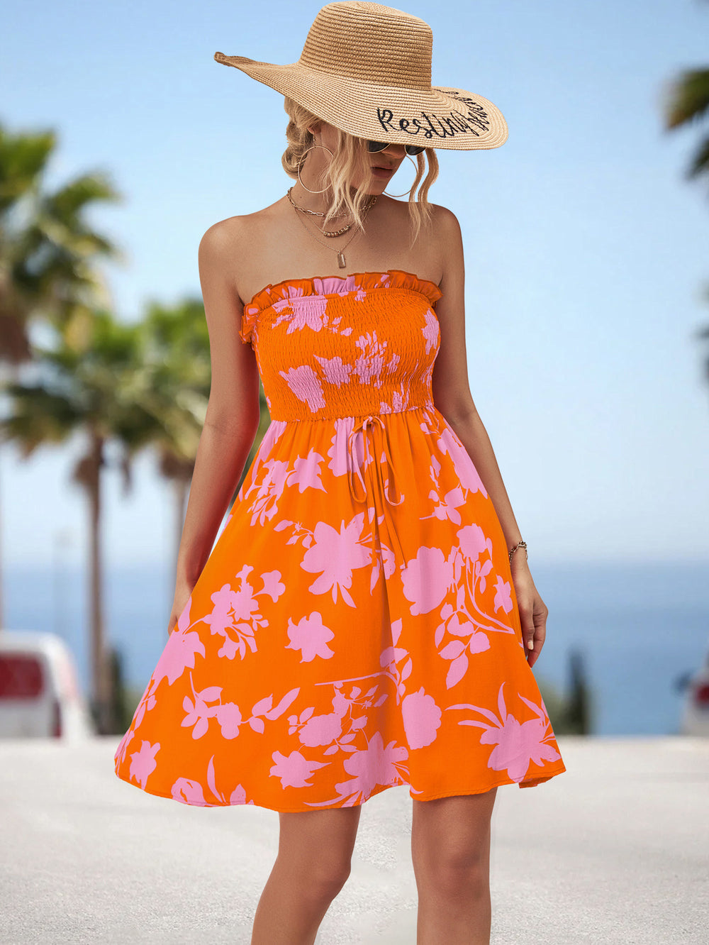 Damen luftiges Sommerkleid mit elastischem Taillenband und floralem Volant EB