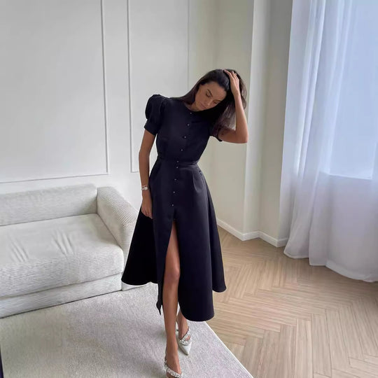 Damen Midi-Kleid mit Puffärmeln und schimmerndem Satin-Finish EB