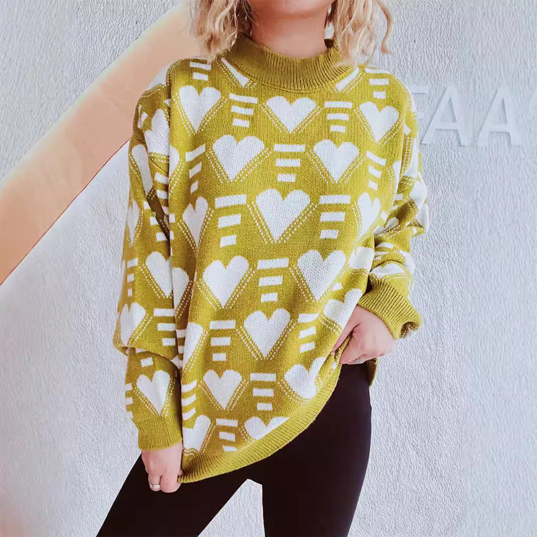 Damen gestrickter Pullover im modernen Herzdesign mit weitem Schnitt EB