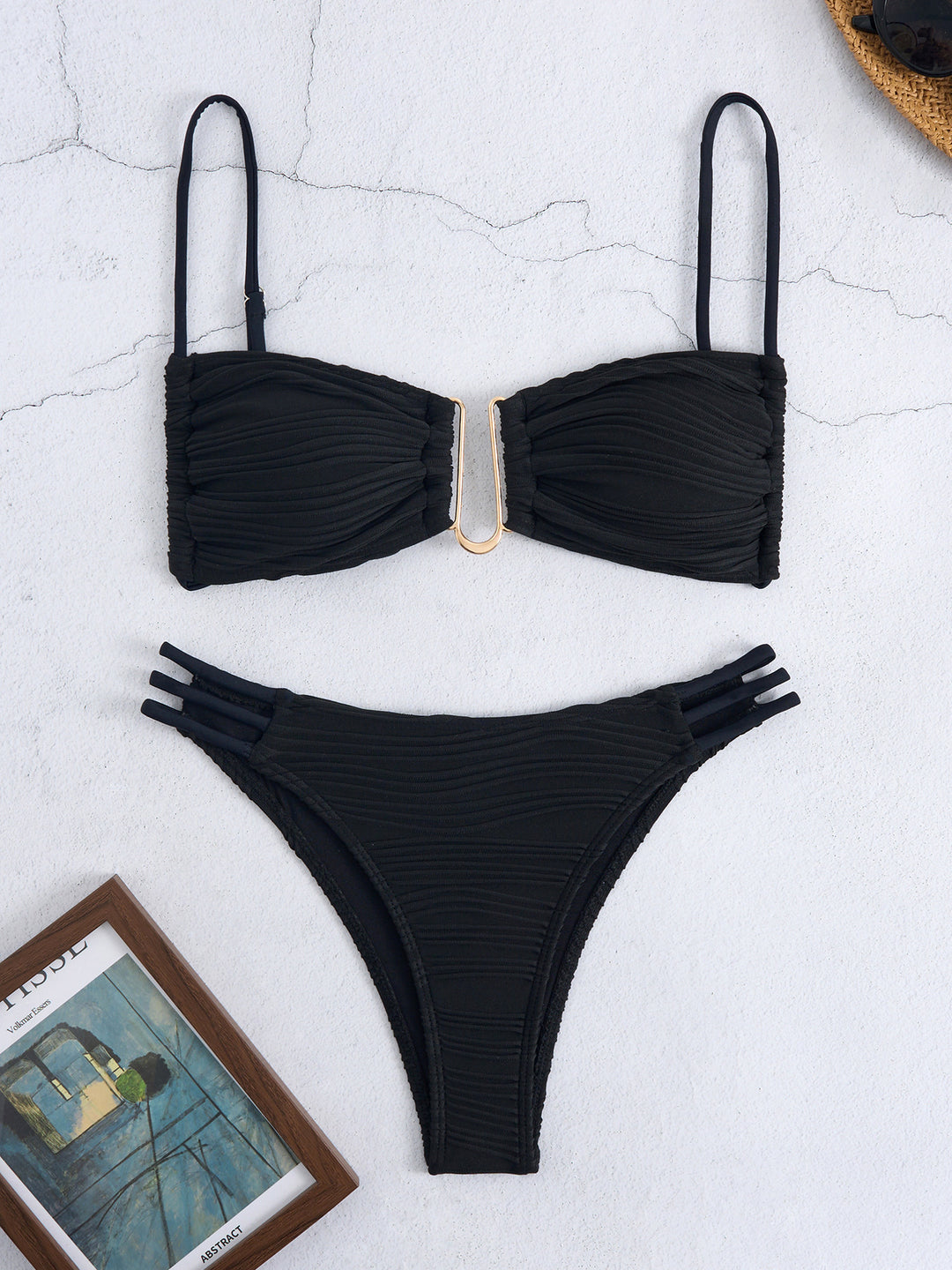 Damen Bandeau-Bikini mit raffiniertem Falten-Design und seitlichen Bindebändern EB
