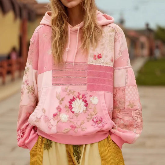 Damen Bestickter Patchwork-Kapuzenpullover mit Blumenapplikation und Kängurutasche EB
